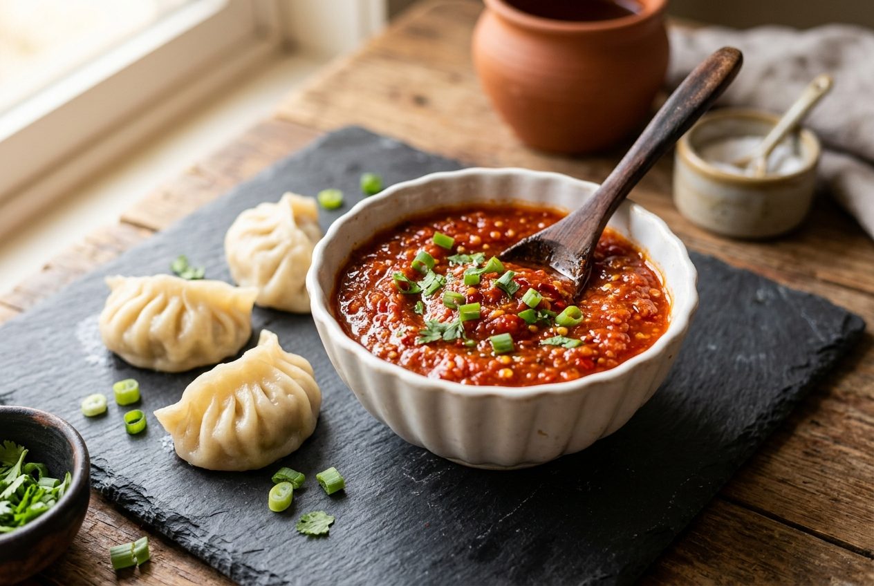 Momos Chilli Ketchup in use